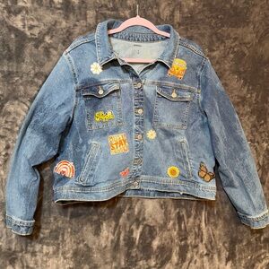 Reworked/Upcycled Jean Jacket Sz XXL - Hand sewn Hippie Patches - Bleach Dyed